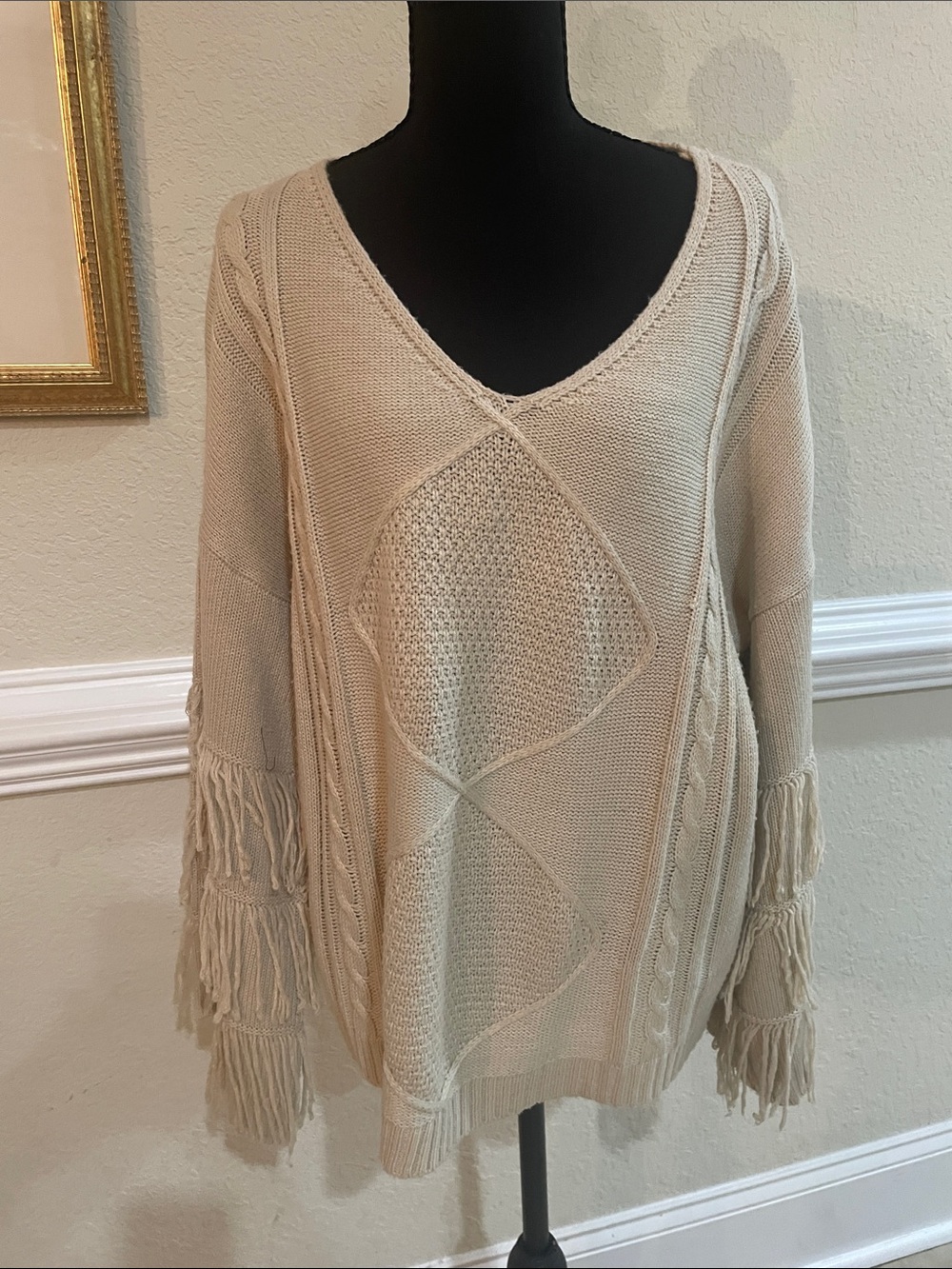 Umgee Cream Fringe Cable V-Neck Sweater